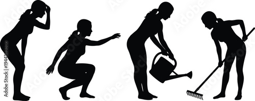 Female gardener silhouettes set showing watering plants raking garden and caring for flowers isolated vector illustration for gardening lifestyle