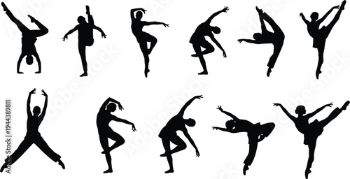 Dance silhouettes collection, modern dancers performing artistic ballet and contemporary moves, dynamic dance poses, performance and choreography concept