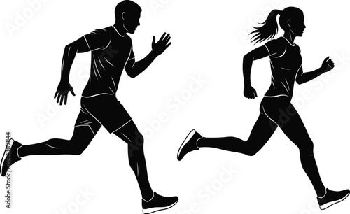 Running athletes silhouettes, male and female runners sprinting, fitness training exercise, marathon sport activity and healthy lifestyle concept