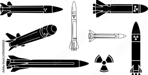 Nuclear ballistic missile icon set in black color. Intercontinental ballistic missile icons and model, line, isolated and silhouette.
