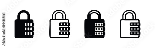 Combination Padlock Icons Set - Security Lock Glyph and Outline Vector with Three Numerical Dials