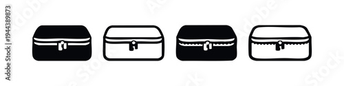 Zippered Bag or Pouch Icons Set with Jagged Pull - Cosmetic Travel Case Glyph and Outline Vector