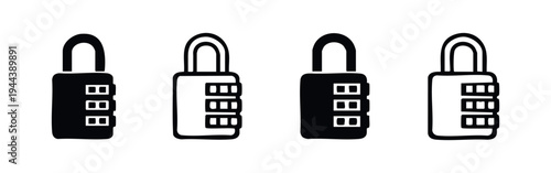 Combination Padlock Icons with Rectangular Dials - Security Lock Glyph and Outline Vector Set