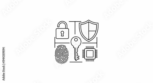 Digital security icons fingerprint, key, lock, shield, and microchip