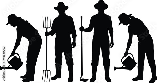 Farmers and gardeners silhouettes with rake, hoe and watering can illustration showing agriculture and gardening work activities