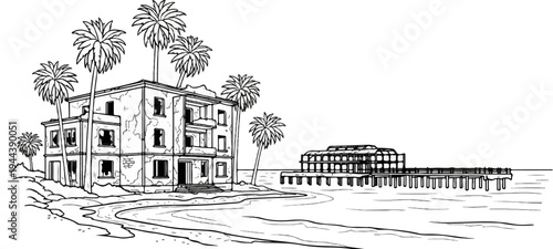 Dilapidated beachfront building and pier with palm trees under a clear sky