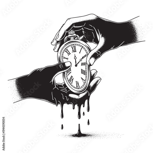 Melting Hands Passing Surreal Pocket Watch Time Concept Vector