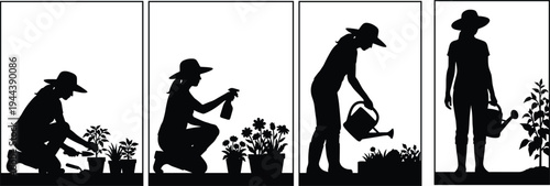 Gardener silhouettes planting, watering and caring for plants illustration showing gardening activities in home garden lifestyle concept