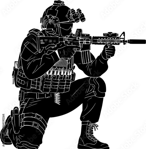 Icon of a military man in full ammunition and with an automatic rifle, an assault rifle or special forces, black silhouette.
