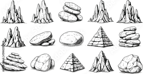 Hand drawn rock formations and stacked stone set, vintage engraving style mountain cliffs, zen stone balance, geology illustration collection isolated on white background