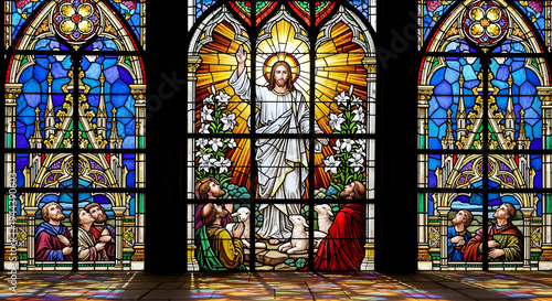 Vibrant stained glass windows depicting religious figures and intricate patterns.