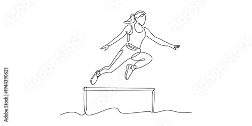 Minimalist Continuous Line Drawing Woman Jumping Over Obstacle in Dynamic Motion, Symbolizing Challenge and Achievement