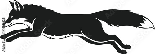 Black fox silhouette vector running with bushy tail and pointed ears animal