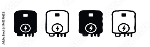 Set of four solar inverter icons with lightning bolt symbol in black solid and outline hand-drawn styles