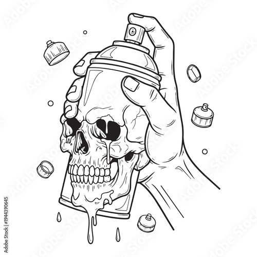 Hand Holding Skull Spray Paint Can Line Art Vector