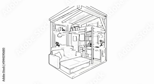 Detailed isometric sketch of a compact multi-level living space
