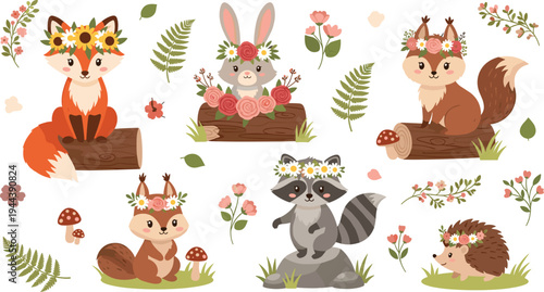 Charming Woodland Animals with Flower Crowns Set Featuring Fox, Rabbit, Squirrel, Raccoon, and Hedgehog in a Magical Forest Setting
