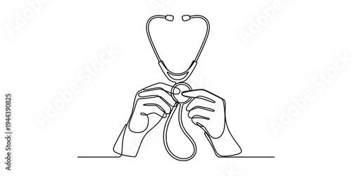 Continuous Line Drawing of Hands Holding a Stethoscope for Medical Healthcare Examination. Minimalist Modern Art.