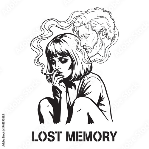 Lost Memory Woman Smoking Man Face Illusion Vector