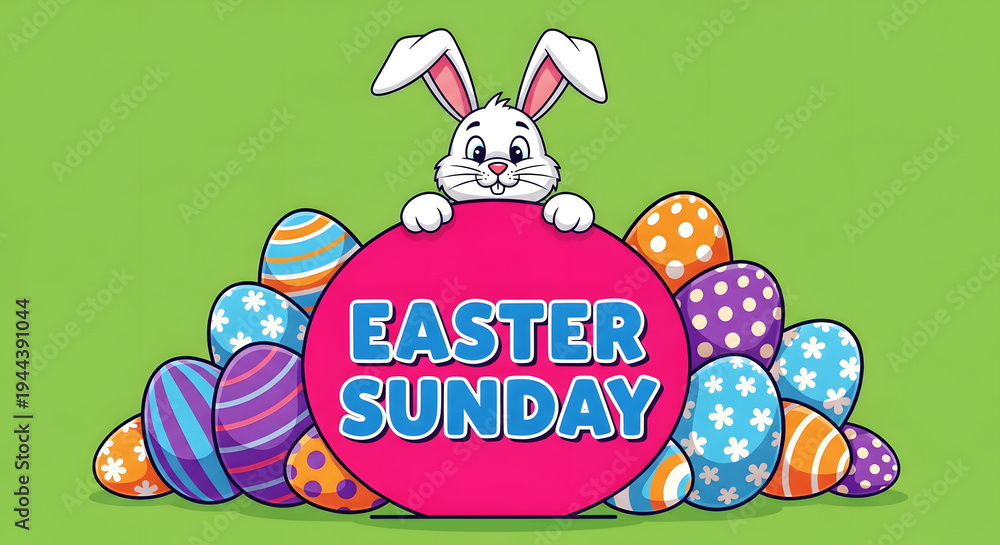 Obraz premium Cartoon Easter bunny peeking over colorful patterned eggs with text rabbit sunday