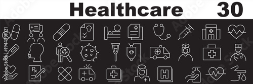 Healthcare Medical Line Icons Set with Editable Stroke for Hospital, Doctor, Medicine, and Health Management