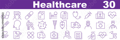 Healthcare Medical Line Icons Set with Editable Stroke for Hospital, Doctor, Medicine, and Health Management