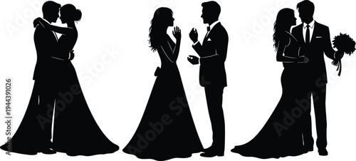 Wedding couple silhouettes collection, bride and groom romantic poses, marriage ceremony love celebration, elegant wedding relationship concept illustration