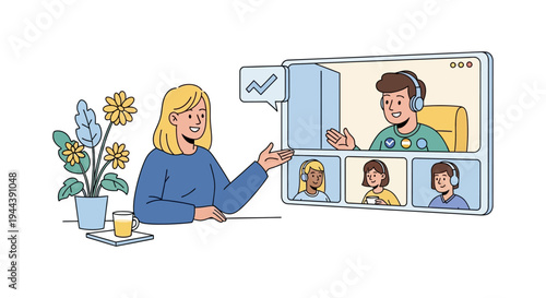Woman Leading Virtual Team Meeting or Online Presentation on Video Call, Showcasing Remote Collaboration and Digital Communication