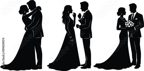 Wedding couple silhouettes collection, bride and groom romantic poses, love relationship celebration, marriage ceremony concept isolated illustration