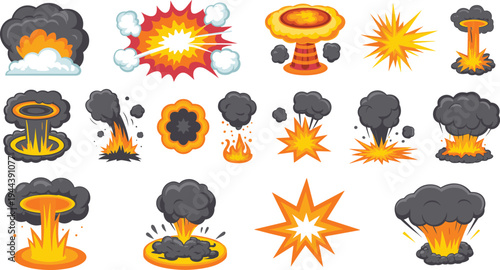 Cartoon explosion effects set, bomb blast fire smoke mushroom cloud collection, comic style detonation impact animation vector elements