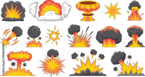 Cartoon explosion effects collection, comic bomb blast fire smoke mushroom cloud set, action detonation animation vector elements pack