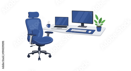 Modern Ergonomic Home Office Setup Illustration with Desk, Laptop, Monitor, and Chair for Remote Work and Productivity