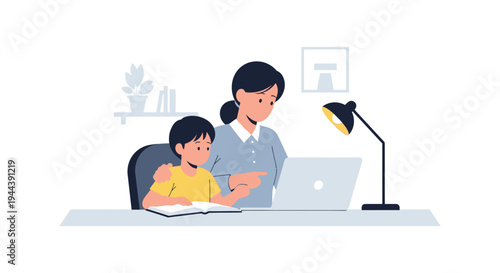 Mother and Son Online Learning: Parent Guides Child with Laptop & Book. Remote Home Education Illustration.
