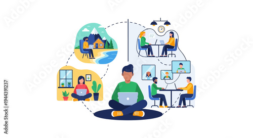 Flexible Work: Hybrid Model, Remote Teams & Work From Home. Modern Office Collaboration, Digital Nomad Lifestyle & Online Meetings. Business Technology Illustration.