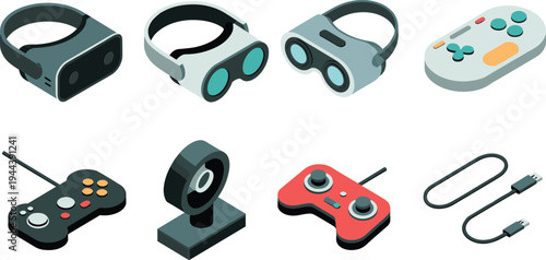 Isometric virtual reality devices set, VR headset goggles controllers webcam and cable, gaming technology equipment collection vector illustration