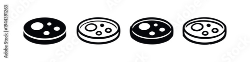 Petri Dish or Circular Food Icons Set. Scientific Culture or Salami Slice Symbol Collection.