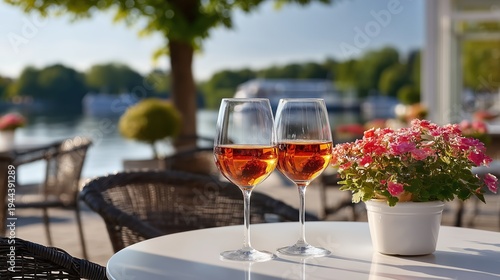 Two glasses of rose wine on a table at a waterfront restaurant with a scenic view