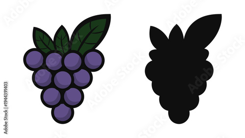Purple Grapes Fruit Vector Illustration With Leaves, Fresh Grape Bunch Icon Isolated On White Background, Cartoon Purple Grapes With Green Leaves Vector, Grape Fruit Silhouette And Colored Icon Set