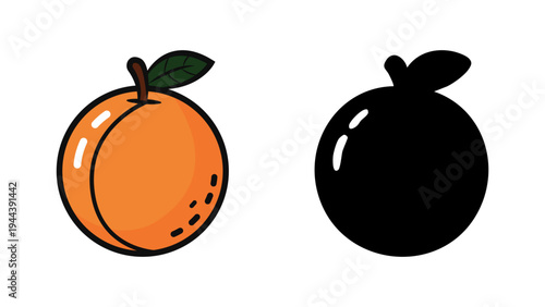 Cute Orange Fruit Vector With Leaf And Silhouette, Flat Orange Citrus Fruit Illustration Isolated Icon, Cartoon Orange Fruit With Leaf Simple Vector Design, Fresh Orange Citrus Icon And Silhouette Ill