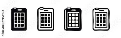 Mobile phone icon set, smartphone device symbols in black and white minimalist style.