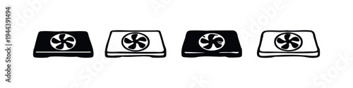 Air conditioner or exhaust fan icon set, cooling and ventilation symbols in minimalist black and white.