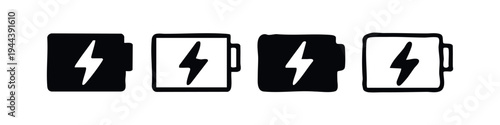 Battery Charging Icon Set with Lightning Bolt. Power Energy Indicator Symbol. Stylized Rechargeable Battery Graphic.