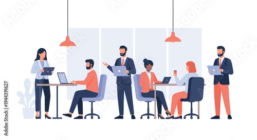 Office workers collaborate on a project in a modern meeting room setting.