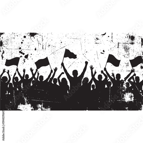 Grunge Silhouette Cheering Crowd and Flags Protest Vector