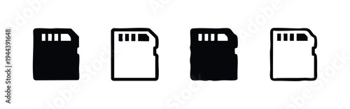 SD Memory Card Data Storage Vector Icon Set. Digital Technology Symbols in Black and White Outline and Solid Styles.