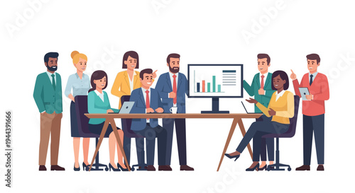 A diverse group of business professionals collaborate around a table with a computer displaying graphs in an office setting.