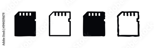 Micro SD Memory Card Data Storage Vector Icon Set. Digital Technology Symbols in Black and White Outline and Solid Styles.