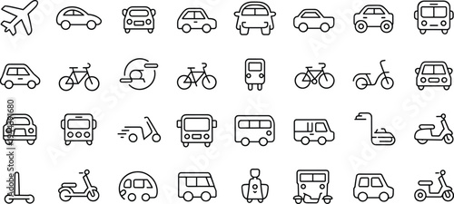 Urban transportation line icon set with cars, buses, bicycles, scooters and airplane symbols representing modern city mobility