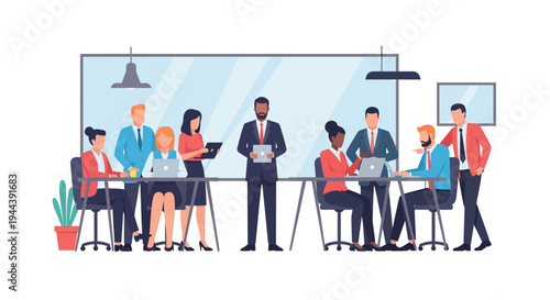 Business team meeting in office with presentation on screen and people discussing