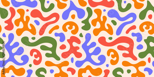 Abstract seamless pattern with liquid organic shapes. Colorful wavy bubbles and drops in trendy y2k style. Vector illustration	